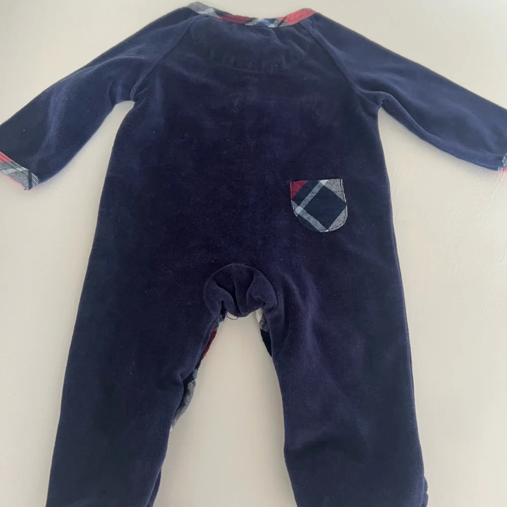 Mud Pie Navy Velour Puppy Dog Footed Sleeper Pajamas 0-3M Plaid Trim Unisex